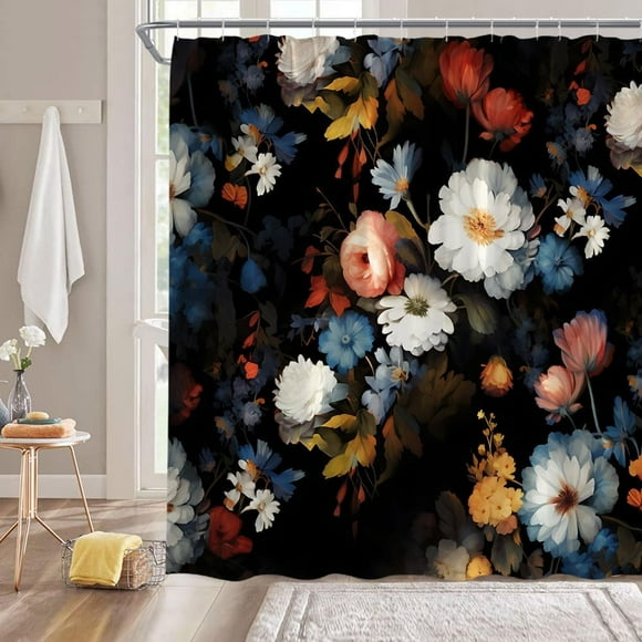 Retro Black Floral Shower Curtain - Rustic Watercolor Blossoms with Vintage Leaves, Boho Fabric Bathroom Decor, Includes Hooks, Perfect for Spring-Themed or Vintage-Inspired Bathrooms
