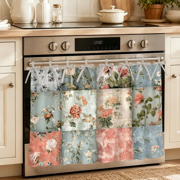 Oven Skirt Curtain for Kitchen 21.5x30 Inch, Elegant Spring Floral Oven Curtain with 8 Ribbon Ties & Ruffle Trim, Stove Skirt Curtain Dishwasher for Cabinets Sinks Farmhouse Summer Botanical Plaid