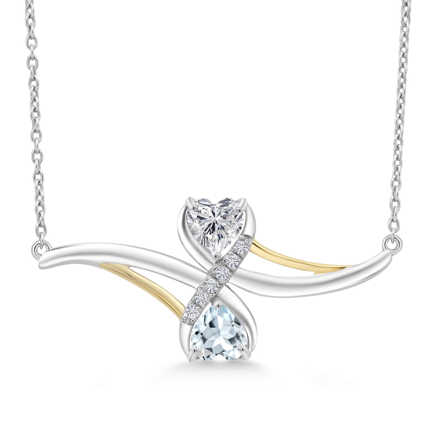 Gem Stone King 925 Silver and 10K Yellow Gold Lab Grown Diamond and Sky Blue Aquamarine Pendant Necklace for Women | 0.92 Cttw | Gemstone April Birthstone | Heart Shape 5MM | With 18 inch Chain