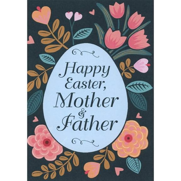 Designer Greetings Light Blue Egg Banner and Pink Flowers on Dark Background Easter Card for Mother and Father
