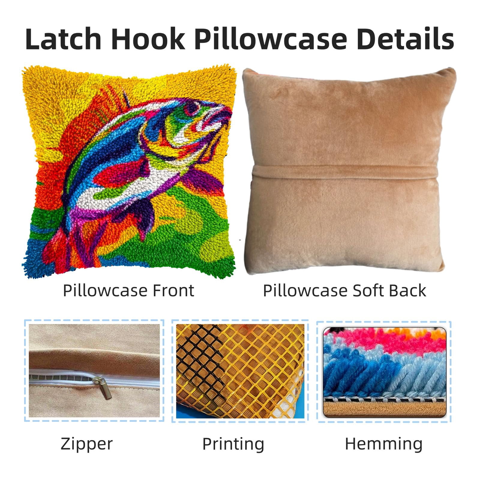 Fish Bass Jump DIY Latch Hook Pillow Kits for Adults Printed Pillowcase Crochet Yarns Hooking Handmade Pillow Cover Cushion for Home Sofa Decoration 17x17inch