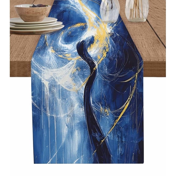 Boanket Gold Blue Sky Table Runner - 60 Inch Long, Kitchen Dining Table Runner Dresser Scarves, Abstract Vintage Oil Painting Art Farmhouse Decor for Coffee Tables Wedding Party Banquet