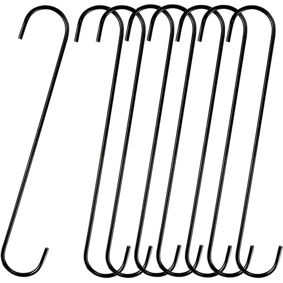 8 Pack S Hooks Heavy Duty 12 Inch Large S Shape Hooks for Hanging Plant Pots and Pans Steel Metal Hanger Hooks Black Long S-Hooks for Hanging Clothes, Plants, Bird feeders, Garden Indoor Outdoor