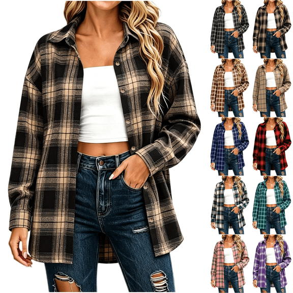 Yiminzz Womens Long Sleeve Plaid Shirts Shacket Casual Button Down Collared Blouses Fall Winter Tops with Pockets S-XXL