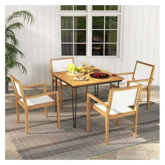 Outdoor Dining Chairs Set of 2, Wood Frame Patio Furniture, Stackable Bistro Chairs, White   Natural