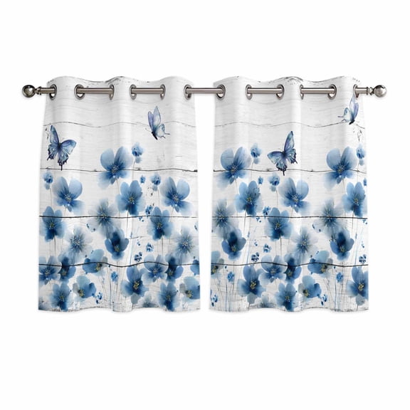 Navy Blue Floral Kitchen Curtains Window Panels, Spring Flowers Butterflies Wooden Insulated Window Treatment Curtain, Grommet Curtains for Bedroom/Living Room/Bathroom, 2 Piece 52"Wx45"L