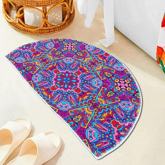 Fantasy Flower Mandala Half Round Door Mat Bath Mat Half Circle Area Rug Indoor Outdoor Doormat Non Slip Bathroom Rugs Entrance Floor Mats Home Decor Rug for Kitchen 16x24 Inch