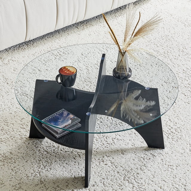 Noble House 31.5" Round Tempered Glass Coffee Table,Fan-Shaped Bracket,Black