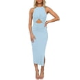 thumbnail image 3 of XVJRHAK Summer Dresses For Women 2024 Womens Sexy Sleeveless Hollow Out Slim Bodycon Dress Crewneck Crisscross Ruched Slit Ribbed Knit Tank Midi Dress Going Out Dresses For Women(Blue,L), 3 of 8