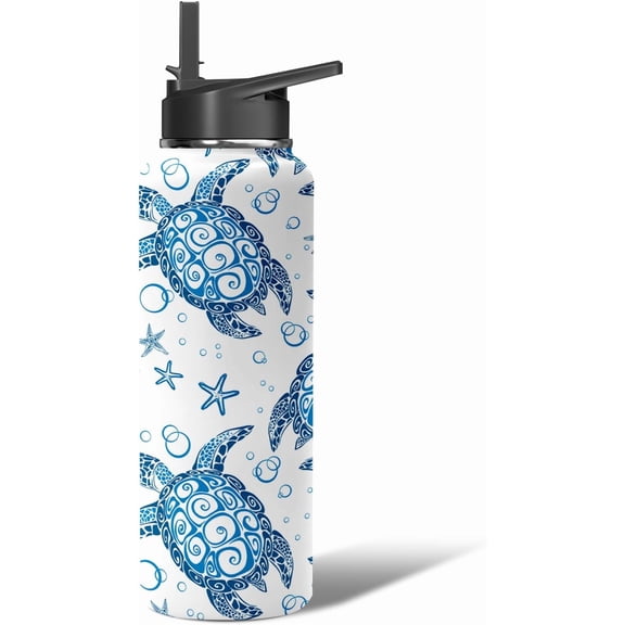 40oz Sea Turtle Water Bottle - Double Wall Vacuum Insulated Stainless Steel Mug, Leakproof Flip Straw & Handle for Hot/Cold Drinks - Gift for Women, Teens, Girls & Animal Lovers