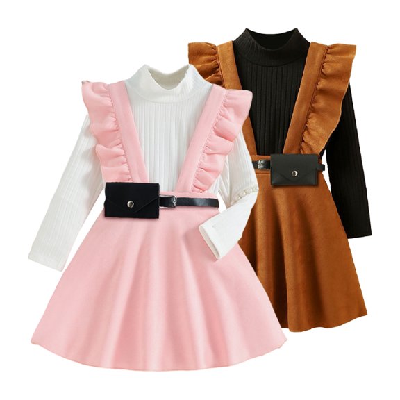 CSCHome Toddler Kids Turtleneck Sweater Dress Comfortable Soft Long Sleeve Sweater Dress with Belt Girls Fall & Winter Clothes