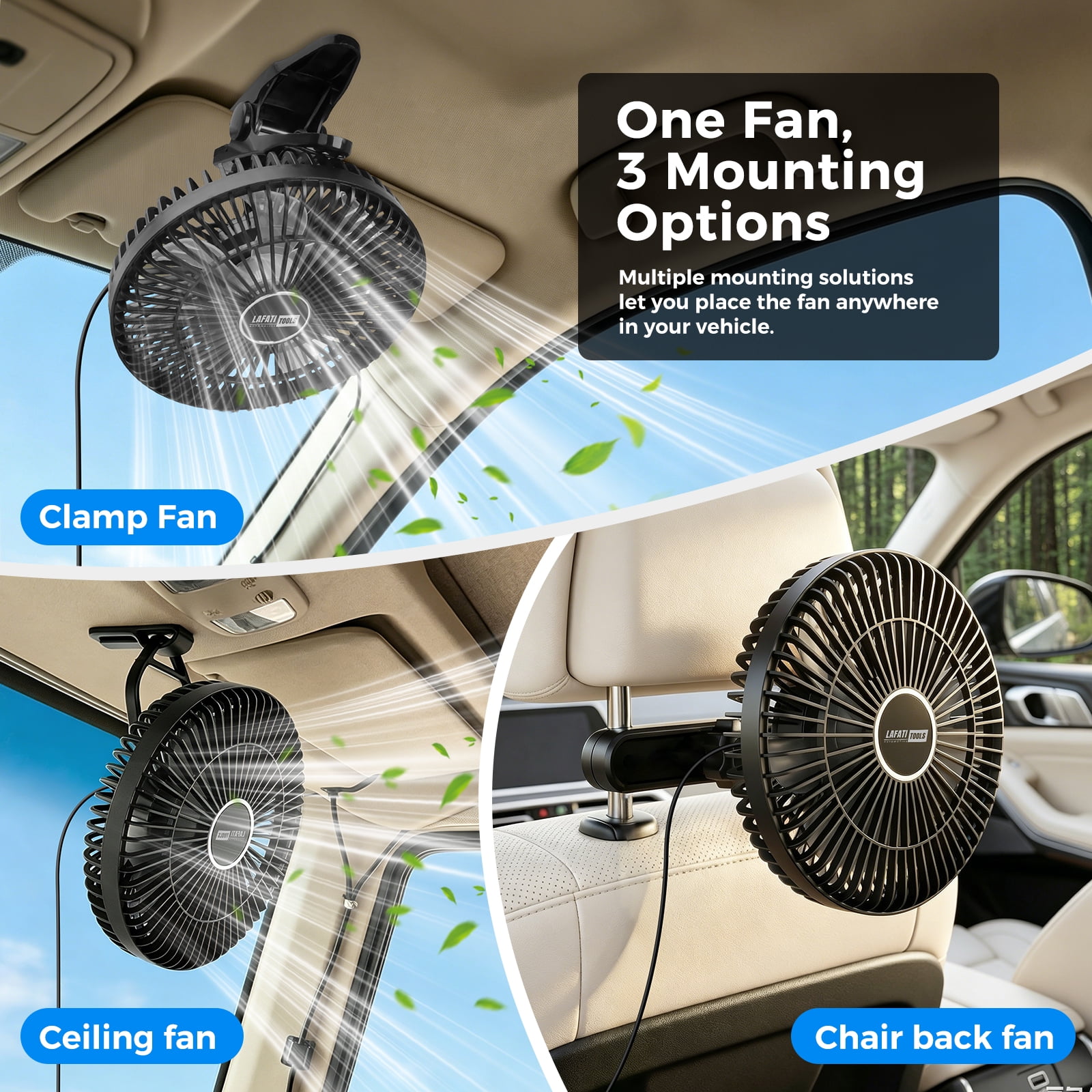 9" Portable Car Fan, Lafati 12V Electric Vehicle Fan with Stepless Speed Control and  Cigarette Lighter Plug, 3-in-1 Back seat & Clip, 360° Rotation Quiet Cooling for Car SUV RV Vehicles