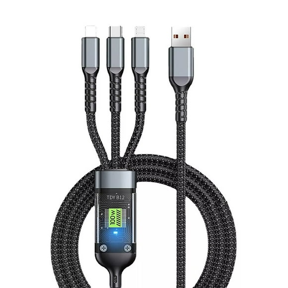 Câble de Charge Rapide Triple-en-un 100W - Cordon de Données LED Tressé, Compatible avec Téléphones/tablettes, Adapté aux Voyages