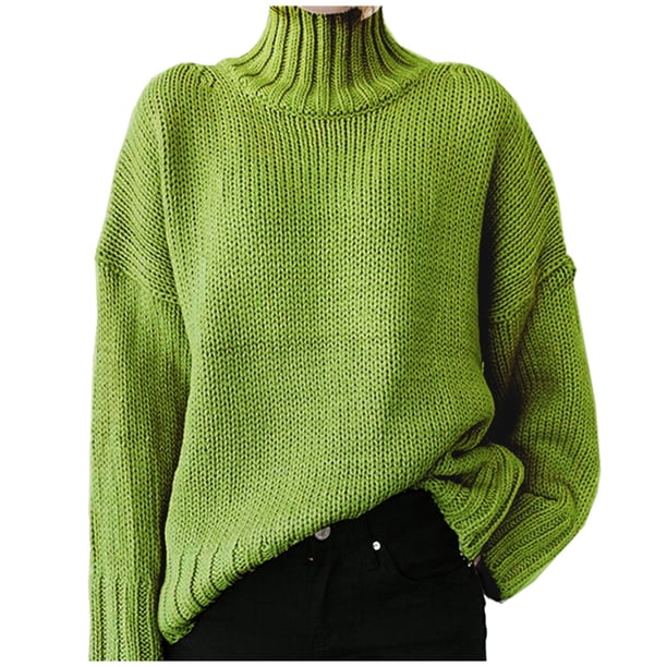 Gibobby Suéter de Punto, Suéter de cuello de tortuga para mujer, suéter de punto de manga larga, suéter de canalé fino, blusa de temperamento para mujer(Verde,CH)