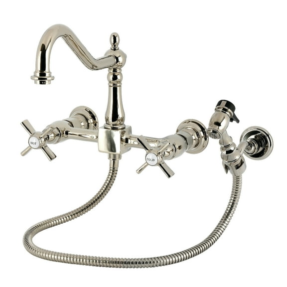 Kingston Brass KS1246ZXBS Millennium Double-Handle Wall-Mount Bridge Kitchen Faucet with Brass Sprayer, Polished Nickel