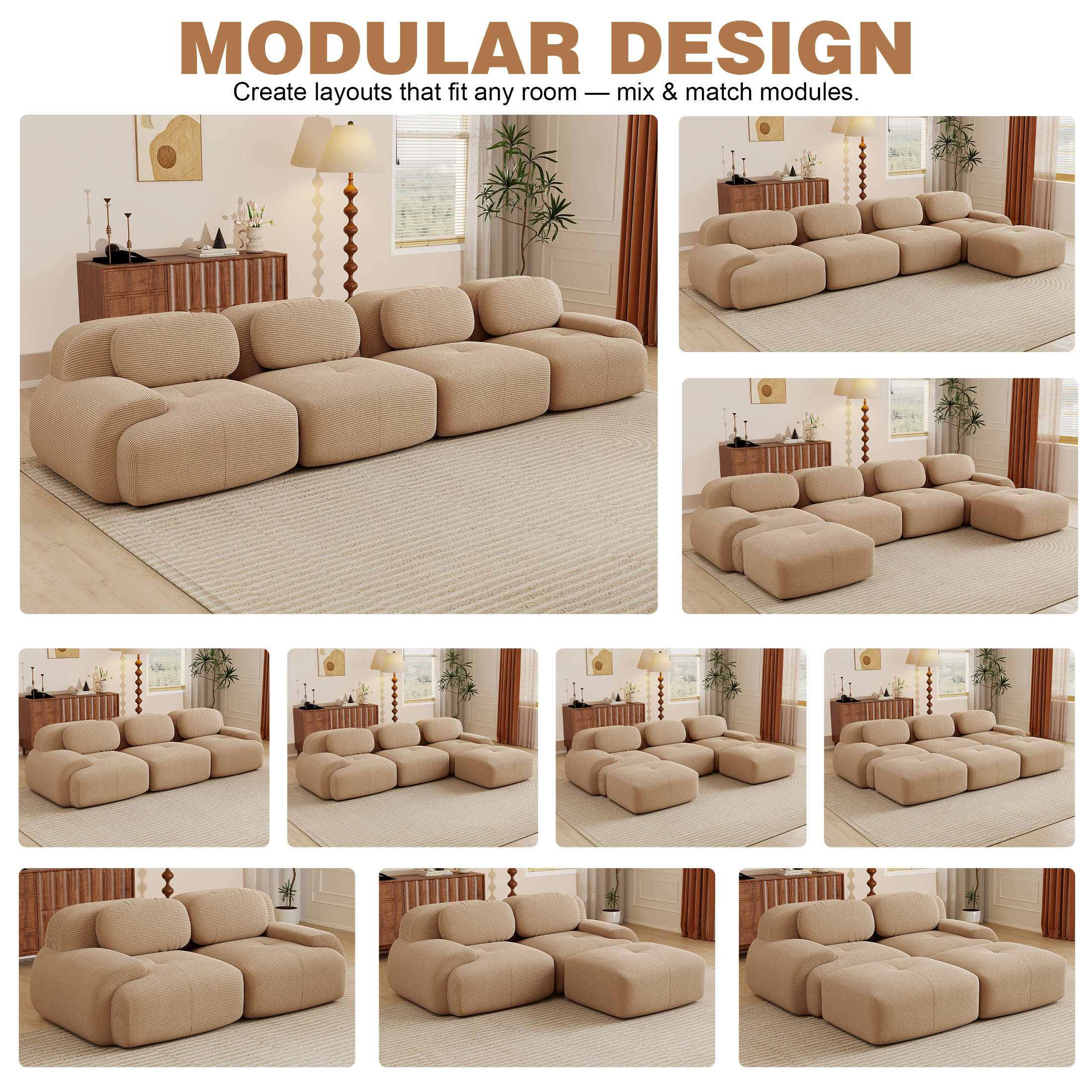 Aukfa 153" Modular Sectional Sofa, Oversized 4-Seater Living Room Sofa, Corduroy, No Assembly, Coffee