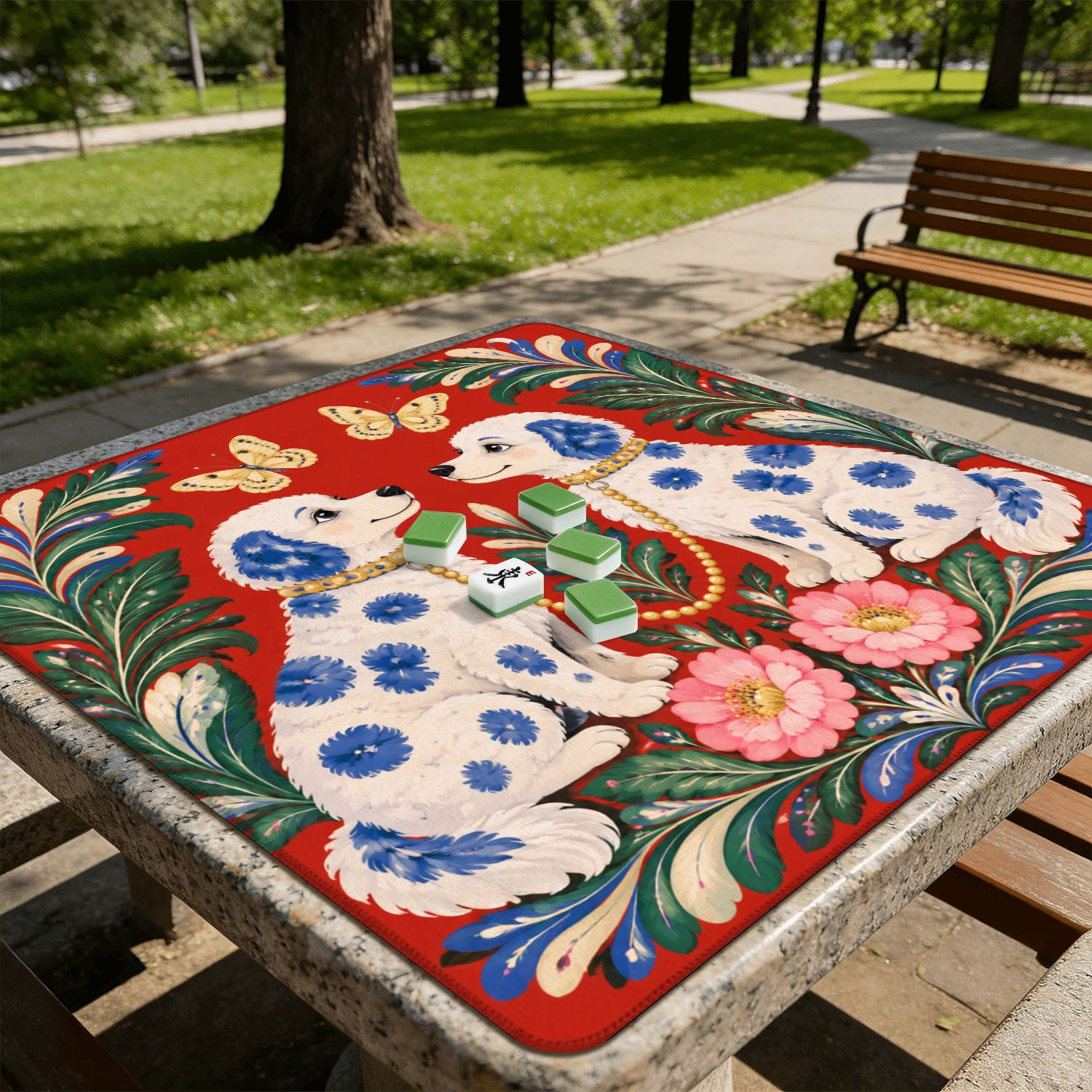 Mahjong Mat 31.5" x 31.5" Symmetrical Blue Spotted Poodles Floral Butterfly Folk Art Red Non-Slip Noise Reduction American Mahjong Tiles Table Cover for Dominoes Poker Card Board Games Gift