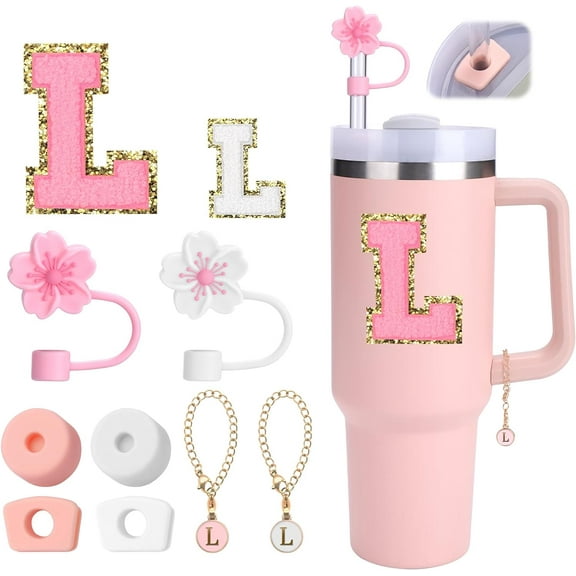 10pcs Cups Accessories Set for Stanley 40 oz Cups,Flower Straw Cover for 10 mm Straws,Square And Round Silicone Spill Proof Stopper,Letter Charm,Sticker for Stanley Cup Decorations,Letter L