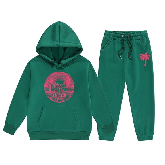 SUXIAN Child Boys Girls Long Sleeve Solid Warm Hoodie Pullover Tops Pants Kids Outfits Sweat Suit Soft Outfit Sets Dark Green 130