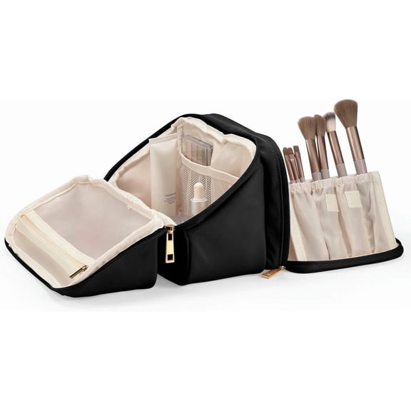 PTSPLLMY Travel Makeup Bag for Women, Large Capacity Cosmetic Organizer & Toiletry Bag with Wide-Open Design, with Brush Holders & Compartments, Waterproof Case for Makeup & Skincare, Blue