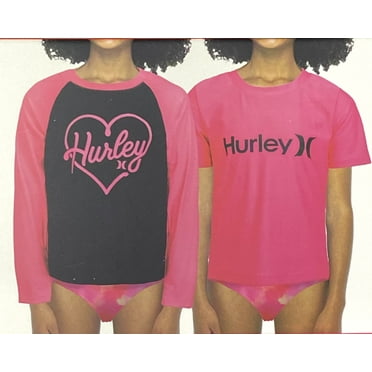 Hurley Girl's 2 Piece Swim Shirt Rash Guards, Pink/Black Medium 10/12