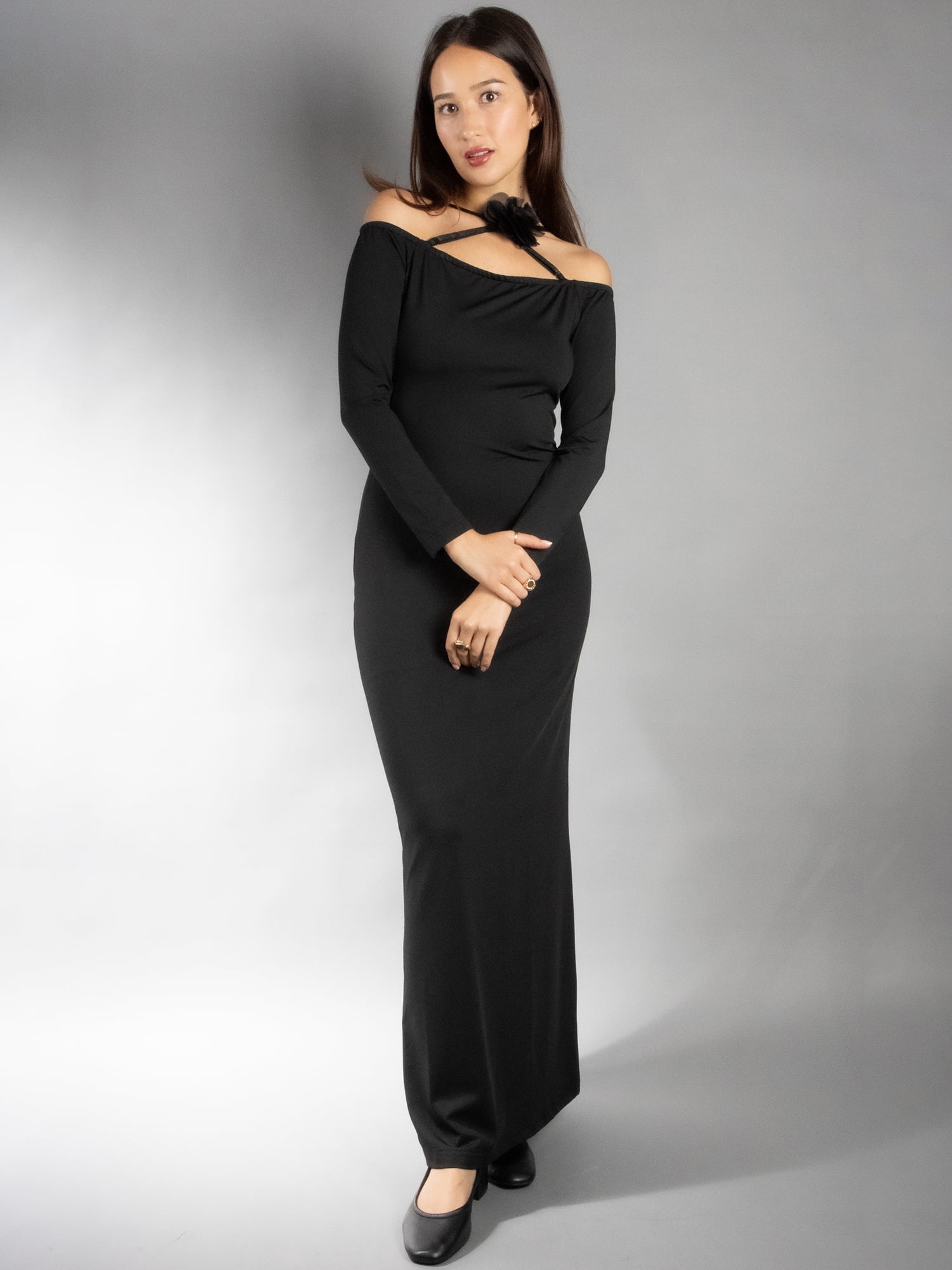 DARING DIVA Women's Stylish Bodycon Off Shoulder Maxi Dress L Black