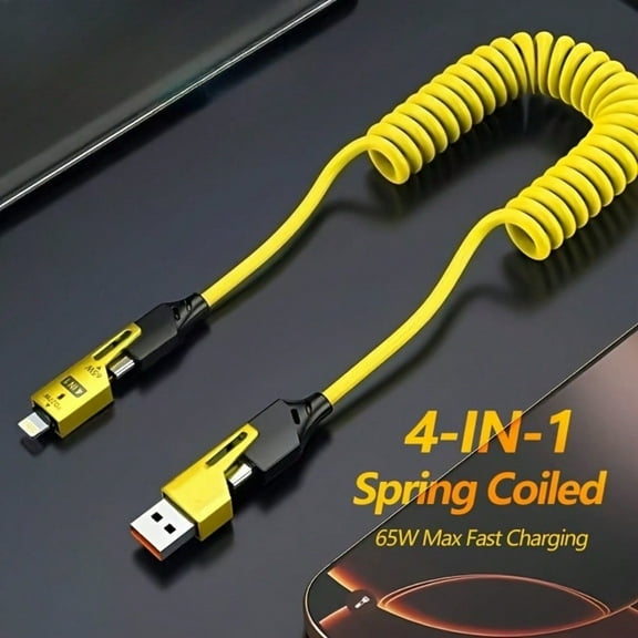 4-in-1 spring charging cable, 65W, 4.9 ft (approx. 1.5 m) USB-A to USB-C charging cable, compatible with iPhone/iPad/MacBook Pro/AirPods/Samsung/Android devices - Yellow spiral cable