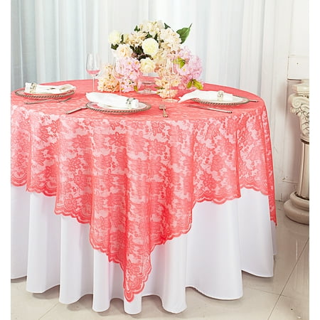 

Wedding Linens Inc. 72 in x 72 in Lace Table Overlays Lace Tablecloths Square Lace Table Overlay Linens Lace Table Toppers for Wedding Decorations Events Banquet Party Supplies (1pc) - Coral