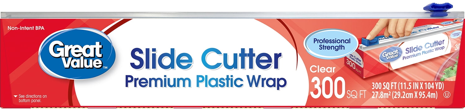 Great Value Slide Cutter Clear Premium Plastic Wrap, 300 sq ft