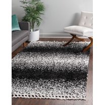 Rugs.com Athena Shag Collection Rug – 5' 3 x 8' Black And White Shag Rug Perfect For Bedrooms, Dining Rooms, Living Rooms