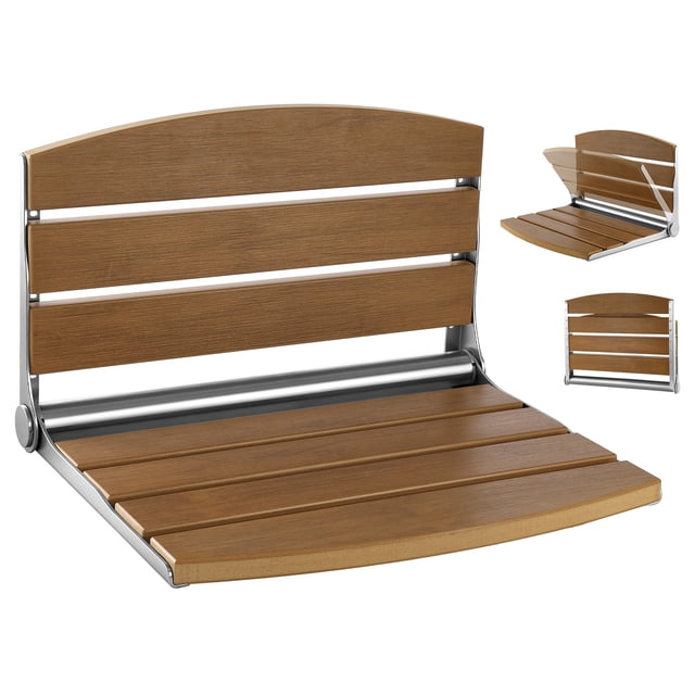 KFFKFF Foldable Shower Seat Wall Mounted, 17.7" Folding Shower Bench with Supportive Backrest, Fold-Down Bathroom Corridor Seat with Stainless Steel Frame, 400LBS Loading