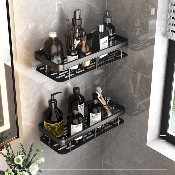 Estante de almacenamiento para baño, cesta de red de almacenamiento de aluminio sin perforaciones, colgante de hardware para baño, estante de almacenamiento autoadhesivo para baño
