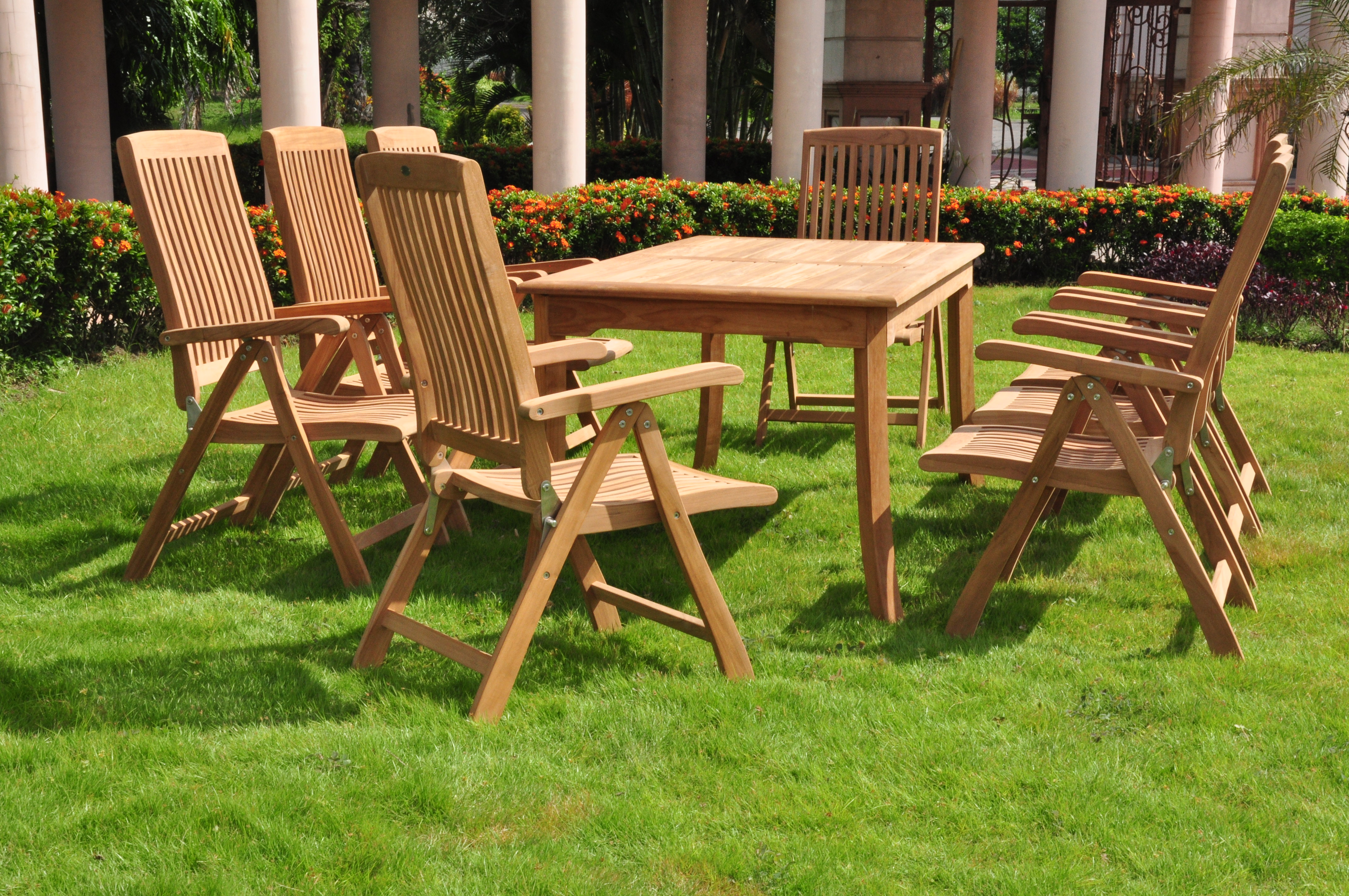Teak Dining Set:8 Seater 9 Pc - 71" Rectangle Table And 8 Marley Reclining Arm Chairs Outdoor Patio Grade-A Teak Wood WholesaleTeak #WMDSMRa - image 1 of 4