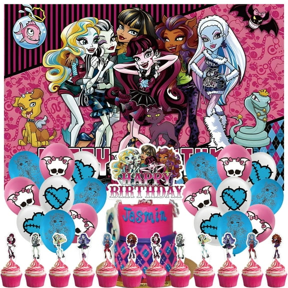 32 Pcs For Monster High Cartoon-Themed Party Decorations and Favors Set – Backdrop, 13 Cupcake Toppers, and 18 Balloons for Celebration Birthday Parties