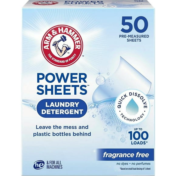 Arm & Hammer Power Sheets Laundry Detergent, Fragrance Free 50ct, 50 loads