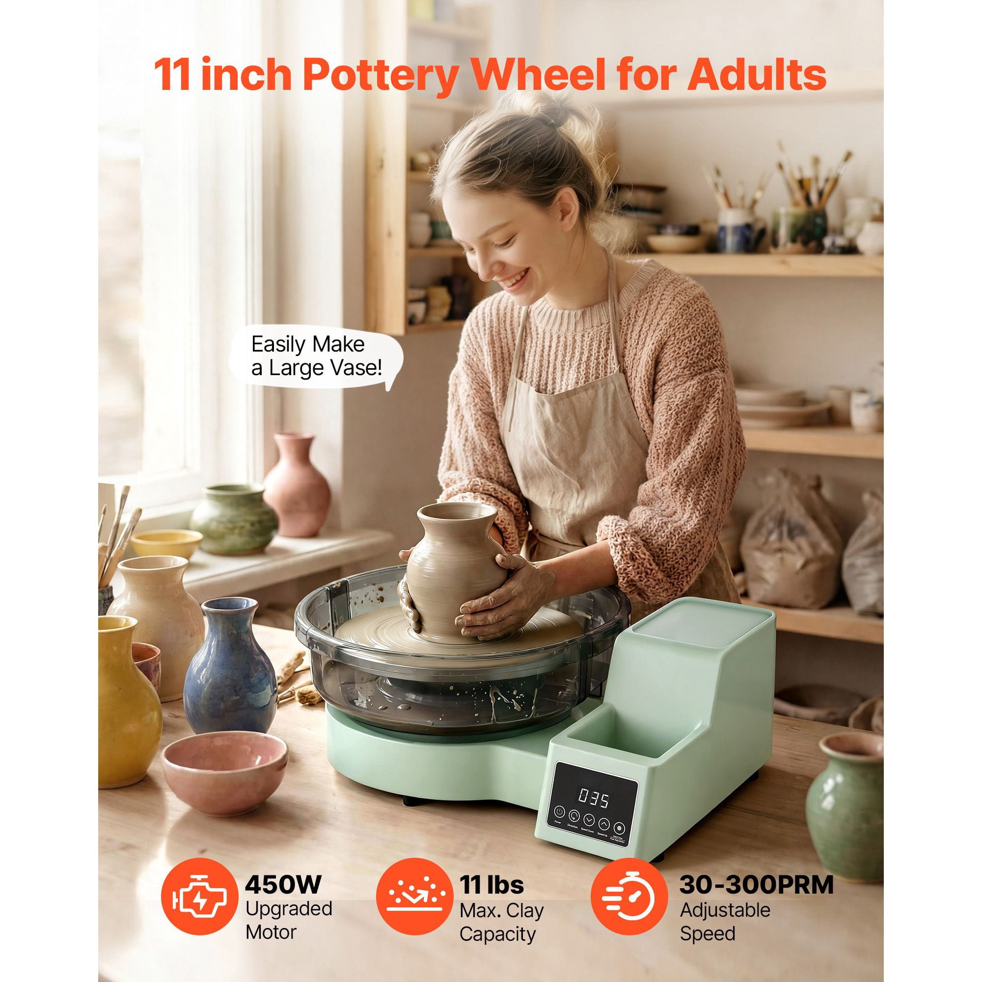 Electric Pottery Wheel 11 Inch Aluminum Turntable 450W Foot Pedal 30-300 RPM Detachable Basin Beginners Clay Art Green