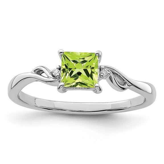 925 Sterling Silver Polished Rhodium Plated Diamond and Peridot Square Ring Size 8 Measures 2mm Wide - Ring for Women