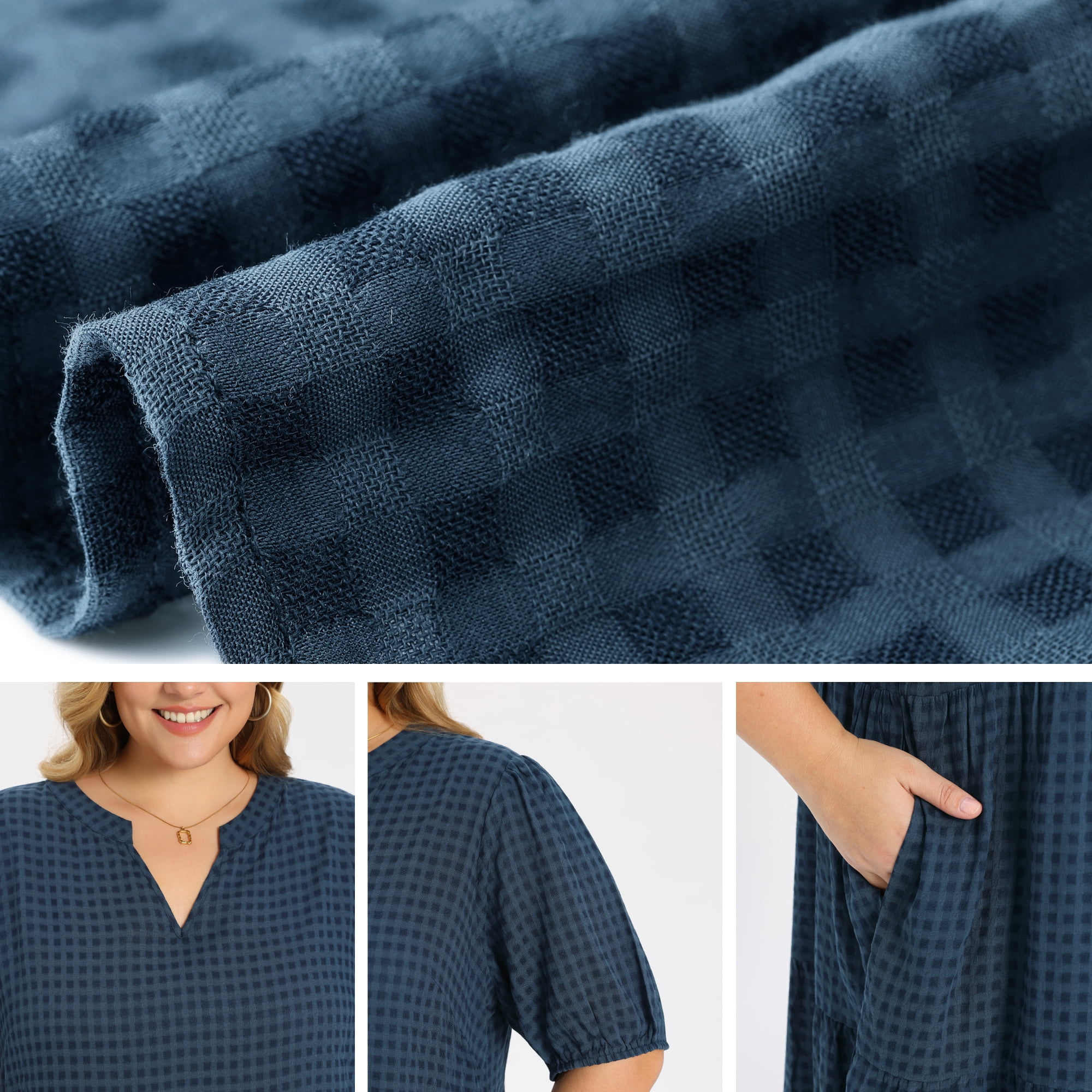 DARING DIVA Women's Plus Notch Neck Plaid Puff Sleeve Tiered Midi Dress 3X Navy Blue