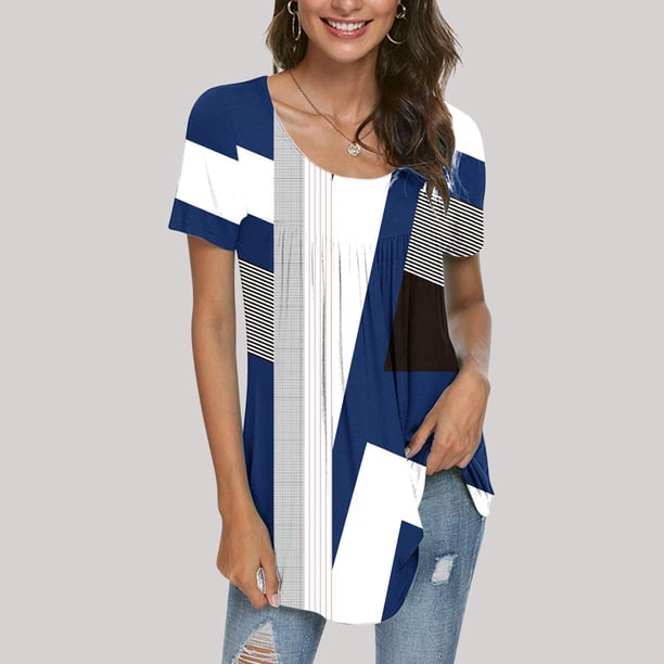 Fiudx Ofertas Flash Del Día Solo En Línea Blusa Holgada de Manga Corta con Cuello Redondo Informal Estampada a La Moda para Mujer