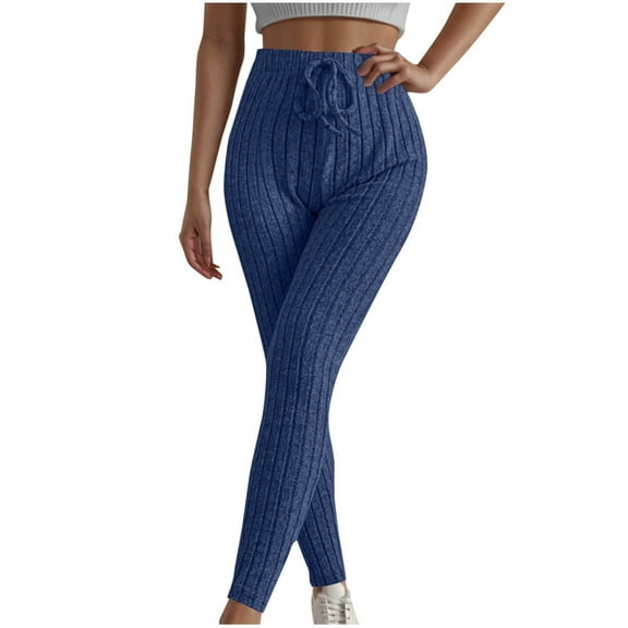 Lovskoo Women Solid Color Ribbed Knit Leggings Elastic Waist Casual Long Pants Blue
