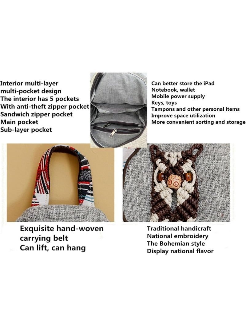 HUANGGUOSHU Zaino Donna In Cotone E Lino Intrecciato - Stile Hippie Boho Ricamato - 9 Tasche, Convertibile In Borsa A Tracolla - Regalo Fai Da Te