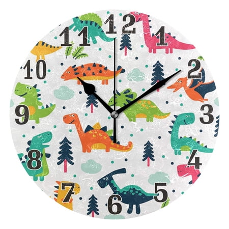 erolrail Vintage Colorful Dinosaur Pattern Round Wall Clock, Silent Non Ticking for Living Room Kids Bedroom Office School Home Decor 12IN