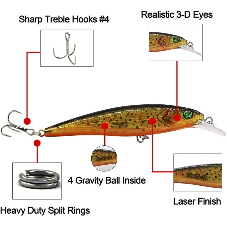 VanRolldex Fishing Minnow Lures Hard Bait with Treble Hook 10Pcs CrankBait  Life-Like Swimbait for Bass Trout Walleye Redfish, 5.1in Length