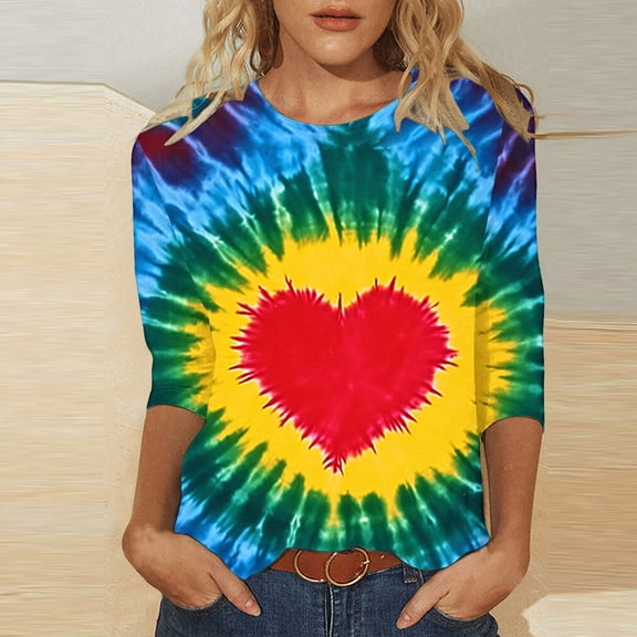VgaVtl Tshirts Shirts for Women Valentines Day 3/4 Sleeve Pink Ladies Plus Size Tops Tie-Dye Casual Pullover Vacation Loose Tops