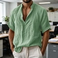 thumbnail image 4 of Men's Cotton Linen Shirts Solid Loose Short Sleeved Collar Buttons Top Soft Comfort Casual Tee Shirts Holiday Street Clothing Summer Beach Wear, 4 of 7