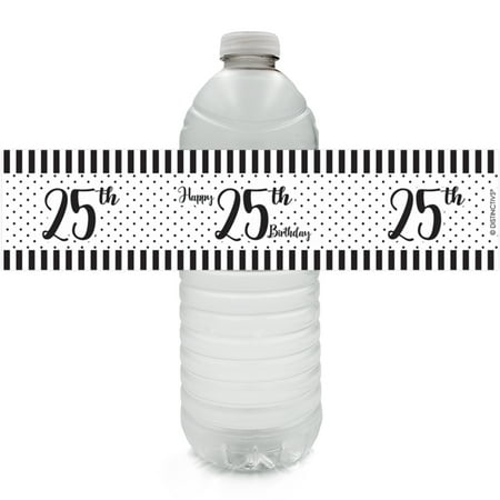 - 25th Birthday Water Bottle Labels, 24ct - Black and White Stripe and Polka Dot Birthday Party Supplies - 24 Count Stickers