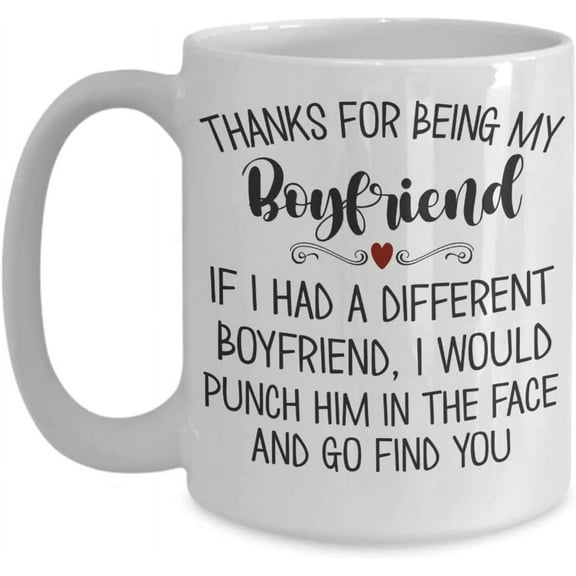 Thanks for Being My Boyfriend Mug from Girlfriend Dating Anniversary Valentines Birthday Christmas Ideas for Him Funny Face Punch 11 or 15 oz White Ce