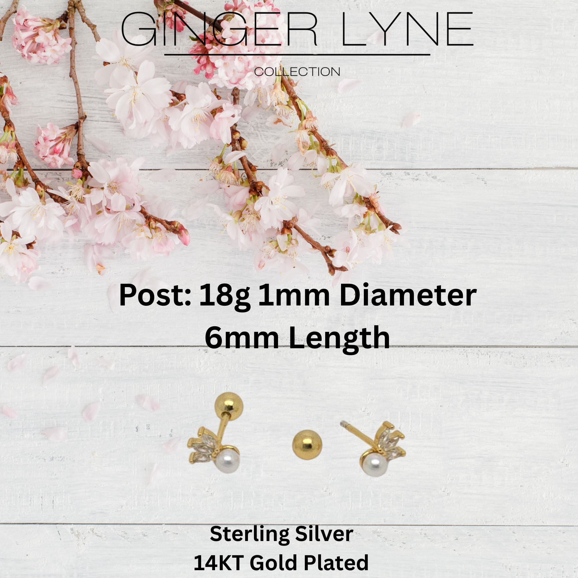 Marquise CZ Flat Back Earrings 18g for Cartilage Helix Tragus Lobe Gold Plated Sterling Silver 1 pair by Ginger Lyne