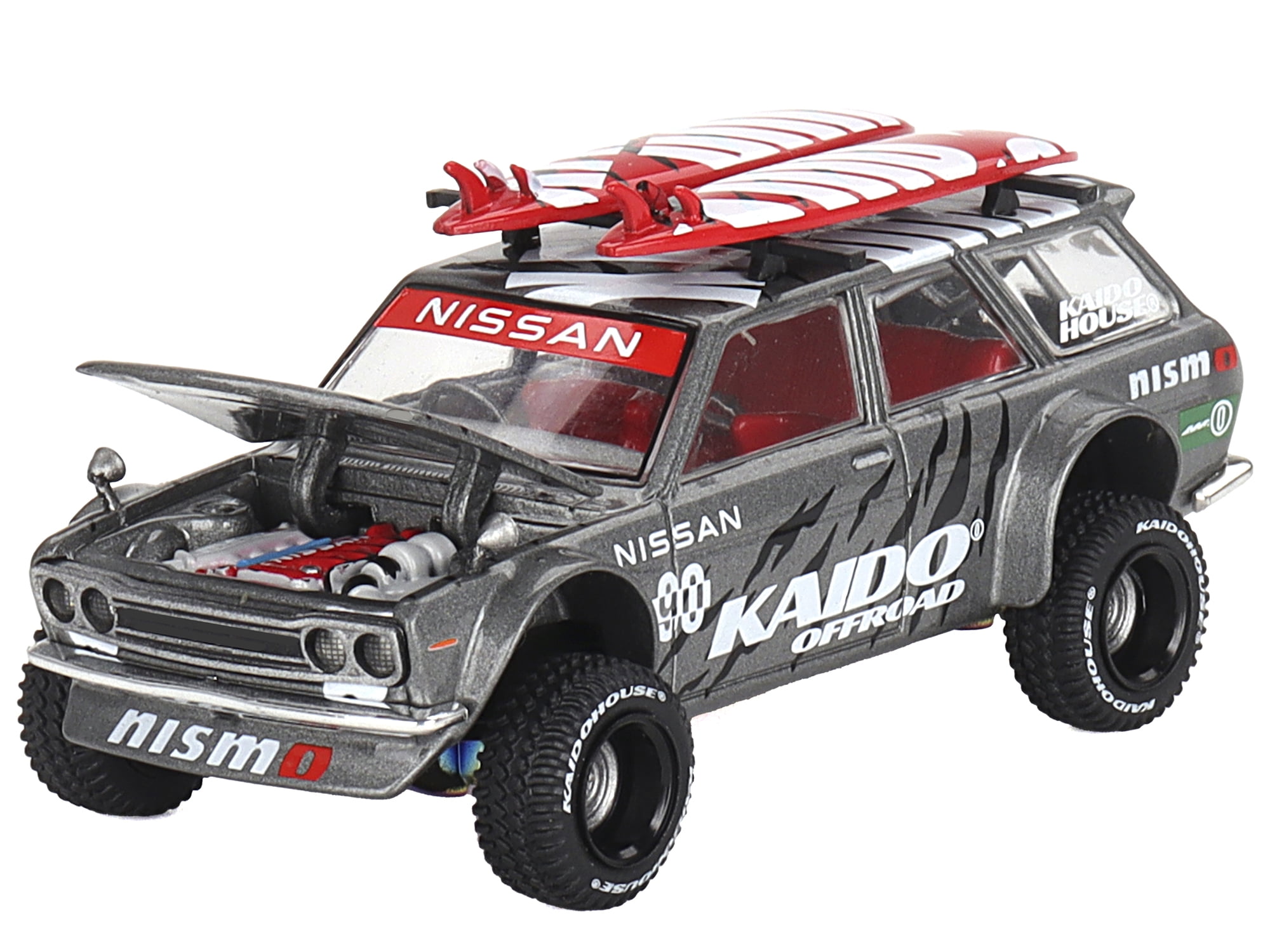 Datsun Kaido 510 Wagon 4x4 RHD "Kaido Offroad V1" Gray Metallic with Red Interior and Surfboards on Roof (Designed by Jun Imai) "Kaido House" Special 1/64 Diecast Model Car by Mini GT