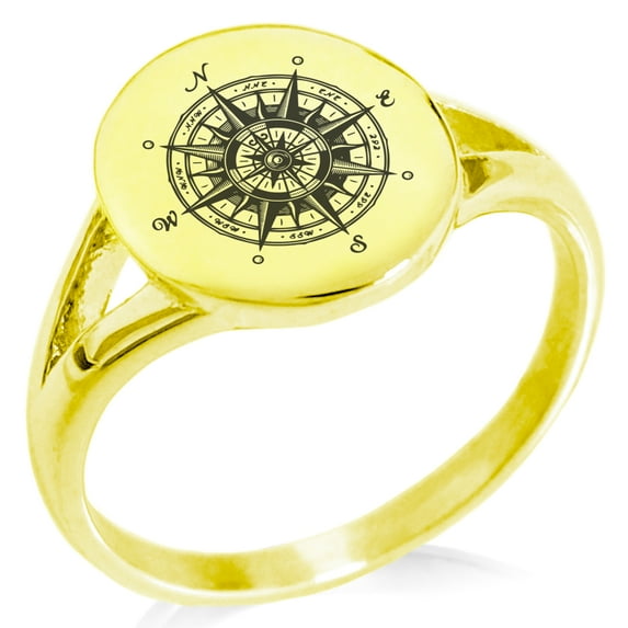 Stainless Steel Nautical Vintage Compass Minimalist Oval Top Polished Statement Signet Ring